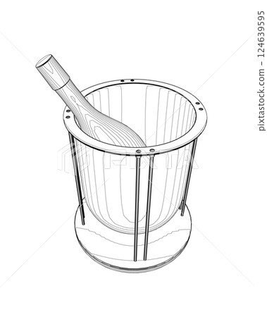 Outline Bottle of champagne in restaurant bucket with ice. Vector isolated on white background. Holiday celebrating party. Bottle of champagne in bucket. Monochrome style isolated on white background 124639595