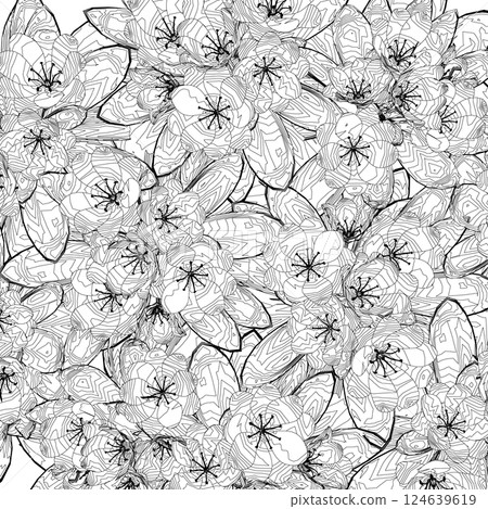 Contour Grass with herbs and wild flowers. Vector isolated silhouette of floral meadow. Horizontal border. Outline Flowers and herbs isolated on white background. Hand drawn sketch flowers and insects 124639619