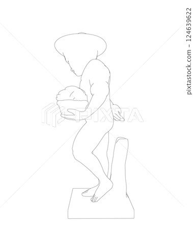 Boy sculpture statue outline. Vector illustration. Isolated on white background. Boy is holding a cup in his hand Boy sculpture statue outline. Vector illustration. Isolated on white background. Boy is holding a cup in his hand 124639622