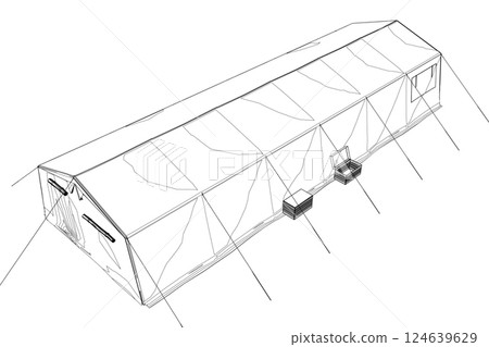Linear black white tent. Vector illustration isolated on white background. Tent for hiking and traveling, military. Outline tent for wild life in nature, military. Linear black white tent. Vector illustration isolated on white background. Tent for hiking and traveling, military. Outline tent for wild life in nature, military. 124639629