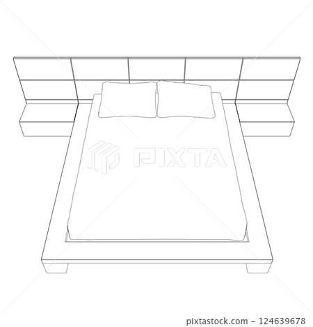 Contour line drawing of double bed. Modern comfortable luxury furnitures for bedroom. Outline of a sleeping bed with pillows from black lines isolated on a white background. Vector illustration. 124639678
