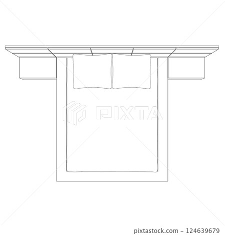 Contour line drawing of double bed. Modern comfortable luxury furnitures for bedroom. Outline of a sleeping bed with pillows from black lines isolated on a white background. Vector illustration. 124639679