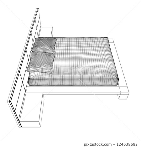 Wireframe drawing of double bed. Modern comfortable luxury furnitures for bedroom. Wireframe of a sleeping bed with pillows from black lines isolated on a white background. Vector illustration. 3D 124639682