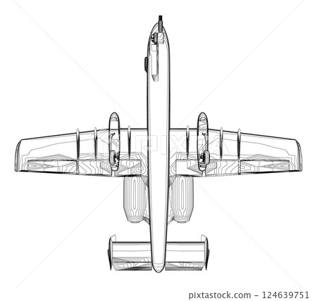 Outline Combat aircraft in isolate on a white background. Modern combat aircraft. Stylized image of a fighter jet on a white background. Vector image for prints, poster and illustrations. 124639751