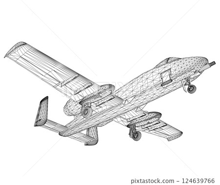 Wireframe Combat aircraft in isolate on a white background. Modern combat aircraft. Stylized image of a fighter jet on a white background. Vector image for prints, poster and illustrations. 3D. 124639766