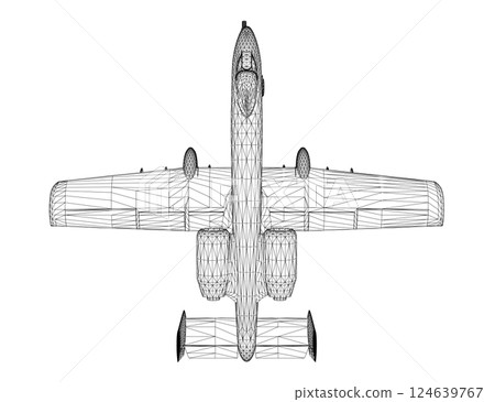 Wireframe Combat aircraft in isolate on a white background. Modern combat aircraft. Stylized image of a fighter jet on a white background. Vector image for prints, poster and illustrations. 3D. 124639767