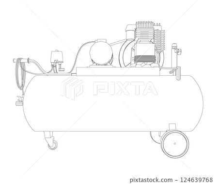 Air Compressor Isolated on White. Air compressor pneumatic icon. Outline air compressor pneumatic vector icon for web design isolated on white background. Outline flat vector design 124639768