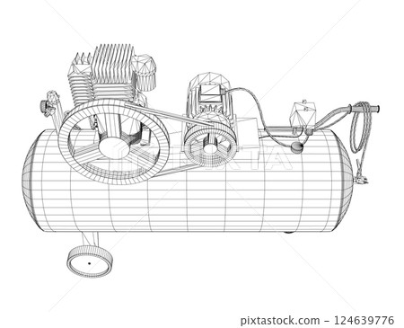 Air Compressor Isolated on White. Air compressor pneumatic icon. Wireframe air compressor pneumatic vector icon for web design isolated on white background. Wireframe flat vector design. 3D. 124639776
