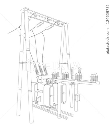 Outline Electric transformer substation. Power grid substation - vector illustration. Electrical substation. The high-voltage transformer and switch. Risk of electric shock. electricity supply. Outline Electric transformer substation. Power grid substation - vector illustration. Electrical substation. The high-voltage transformer and switch. Risk of electric shock. electricity supply. 124639783