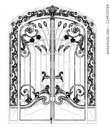 Outline Fence gate isolated cartoon icon. Vector metal entrance. Vector illustration fence gate on white background. Vector illustration fence gate white background. Decorative architectural element 124639789