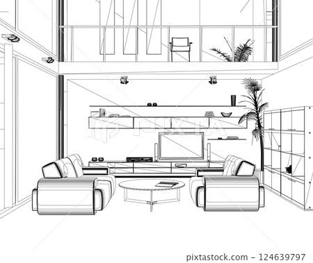 Interior design with modern living room in black line on white background , vector illustration. Living room interior outline. Line style furniture: sofa, bookshelf, TV shelf, flowerpot. View front 124639797