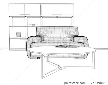 Living room wireframe. Modern interior and furniture. Minimalistic creativity and art. Cartoon flat vector illustration. Outline Interior design with modern living room. Book on the table. 3D. 124639803