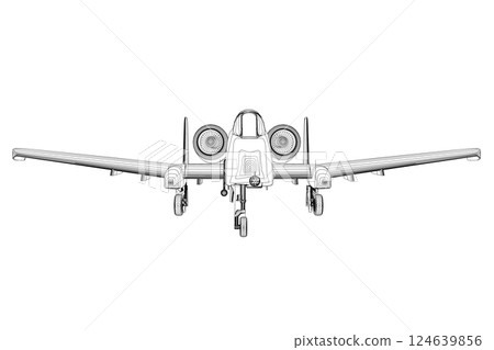 Outline Combat aircraft in isolate on a white background. Modern combat aircraft. Stylized image of a fighter jet on a white background. Vector image for prints, poster and illustrations. 124639856