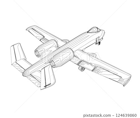 Outline Combat aircraft in isolate on a white background. Modern combat aircraft. Stylized image of a fighter jet on a white background. Vector image for prints, poster and illustrations. Outline Combat aircraft in isolate on a white background. Modern combat aircraft. Stylized image of a fighter jet on a white background. Vector image for prints, poster and illustrations. 124639860