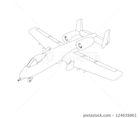 Outline Combat aircraft in isolate on a white background. Modern combat aircraft. Stylized image of a fighter jet on a white background. Vector image for prints, poster and illustrations. Outline Combat aircraft in isolate on a white background. Modern combat aircraft. Stylized image of a fighter jet on a white background. Vector image for prints, poster and illustrations. 124639861