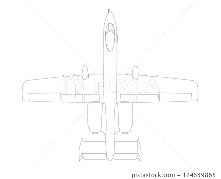 Outline Combat aircraft in isolate on a white background. Modern combat aircraft. Stylized image of a fighter jet on a white background. Vector image for prints, poster and illustrations. Outline Combat aircraft in isolate on a white background. Modern combat aircraft. Stylized image of a fighter jet on a white background. Vector image for prints, poster and illustrations. 124639865