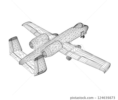 Wireframe Combat aircraft in isolate on a white background. Modern combat aircraft. Stylized image of a fighter jet on a white background. Vector image for prints, poster and illustrations. 3D. 124639873
