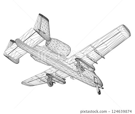 Wireframe Combat aircraft in isolate on a white background. Modern combat aircraft. Stylized image of a fighter jet on a white background. Vector image for prints, poster and illustrations. 3D. 124639874