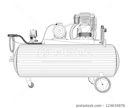 Air Compressor Isolated on White. Air compressor pneumatic icon. Outline air compressor pneumatic vector icon for web design isolated on white background. Outline flat vector design 124639876