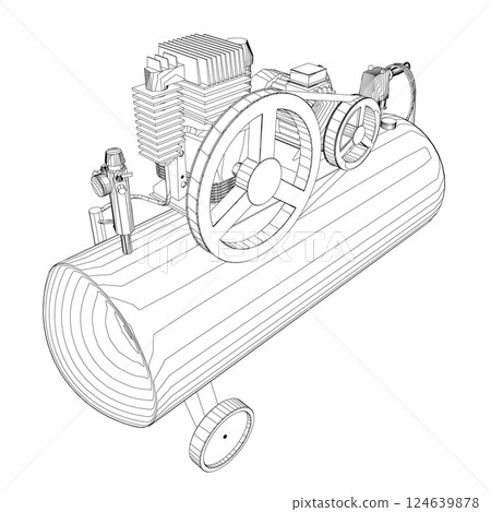 Air Compressor Isolated on White. Air compressor pneumatic icon. Outline air compressor pneumatic vector icon for web design isolated on white background. Outline flat vector design 124639878