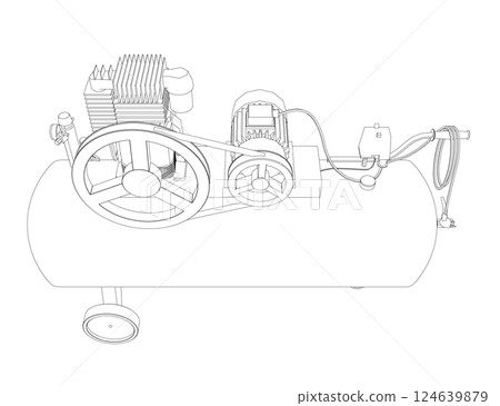 Air Compressor Isolated on White. Air compressor pneumatic icon. Outline air compressor pneumatic vector icon for web design isolated on white background. Outline flat vector design 124639879
