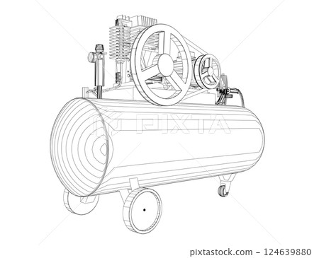 Air Compressor Isolated on White. Air compressor pneumatic icon. Outline air compressor pneumatic vector icon for web design isolated on white background. Outline flat vector design 124639880