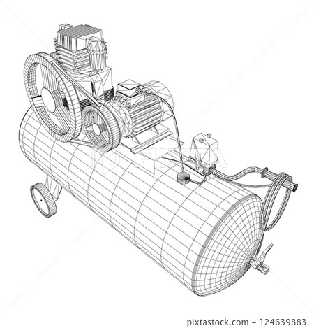 Air Compressor Isolated on White. Air compressor pneumatic icon. Wireframe air compressor pneumatic vector icon for web design isolated on white background. Wireframe flat vector design. 3D. 124639883