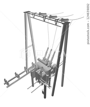 Polygonal Electric transformer substation. Power grid substation - vector illustration. Electrical substation. The high-voltage transformer and switch. Risk of electric shock. electricity supply. 3D. 124639892