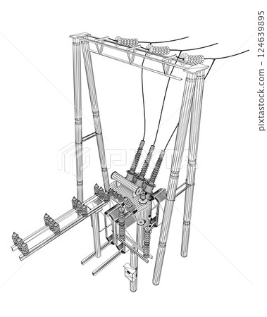 Wireframe Electric transformer substation. Power grid substation - vector illustration. Electrical substation. The high-voltage transformer and switch. Risk of electric shock. electricity supply. 3D. Wireframe Electric transformer substation. Power grid substation - vector illustration. Electrical substation. The high-voltage transformer and switch. Risk of electric shock. electricity supply. 3D. 124639895