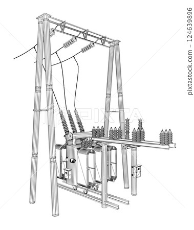 Wireframe Electric transformer substation. Power grid substation - vector illustration. Electrical substation. The high-voltage transformer and switch. Risk of electric shock. electricity supply. 3D. 124639896