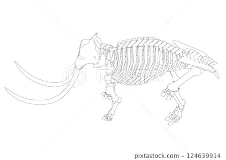 Vector Illustration of outline Mammoth Skeleton on Isolated White Background. Vector prehistoric contour skeleton of mammoth on white background isolated illustration 124639914