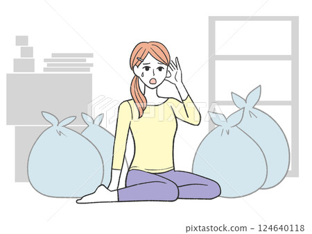 Tired woman surrounded by garbage bags 124640118