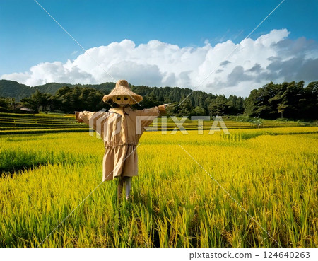 日本鄉村風光：稻草人站在稻田裡 124640263