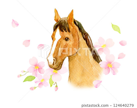 Watercolor illustration: Cherry blossoms and racehorses Watercolor illustration: Cherry blossoms and racehorses 124640279