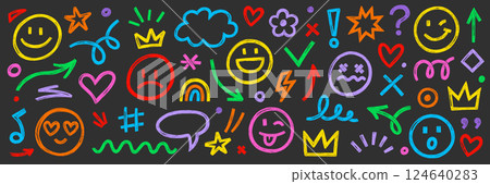 Smile brush hand drawn vector element set. Emoji fun face, heart, crown symbol crayon texture marker background kid sketch style hand drawn element. Color smiley face, arrow. Vector 124640283