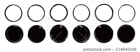 Brush stroke texture circle hand drawn element set. Hand drawn brush stroke calligraphy rough line frame. Texture stroke circle background. Abstract stain grunge style. Vector 124640286