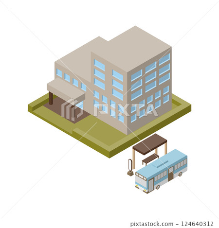 Illustration of a bus parked at a bus stop in front of a building. Isometric, left view. Illustration of a bus parked at a bus stop in front of a building. Isometric, left view. 124640312