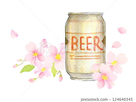 水彩插畫：邊喝罐裝啤酒邊賞櫻花 124640345
