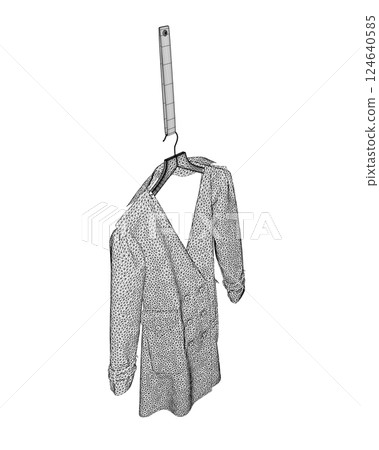 Fashionable outerwear coat wireframe, cloak sketch, contour. Jacket hangs on a hanger. 3D 124640585