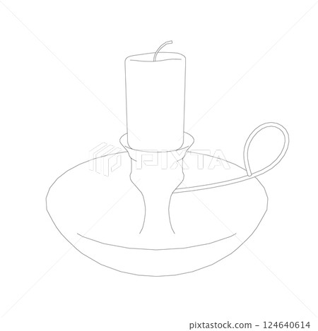 Contour Candle and Holder. Outline of the candlestick on white background. Old fashioned lit candle, candlestick on holder flat icon 124640614