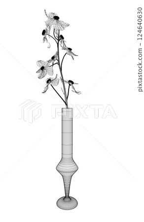 Wireframe of Flowers line drawing vector art in a vase for decoration. Line flower bouquets in vases, vector illustration. 3D Wireframe of Flowers line drawing vector art in a vase for decoration. Line flower bouquets in vases, vector illustration. 3D 124640630