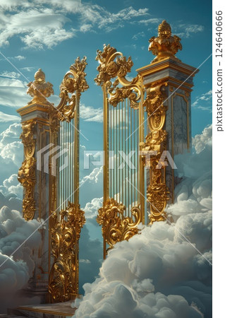 Open golden gates of Paradise against white clouds. Entrance to the afterlife for the righteous. Open golden gates shimmer in the light, symbolizing hope and the afterlife's promise. 124640666