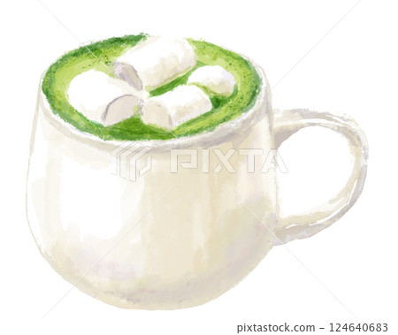 熱抹茶拿鐵佐棉花糖的水彩插圖 124640683