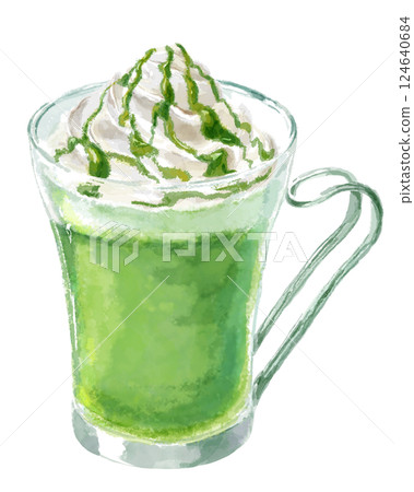 抹茶飲料（奶油和抹茶醬）的水彩插圖 124640684