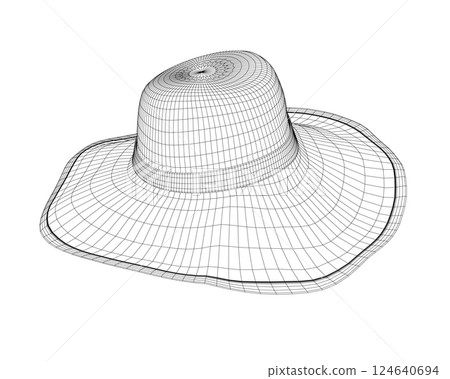 Wireframe summer hat. Vector illustration. Beach sun protection hat. Female beach hat, isolated vector illustration. 3D 124640694