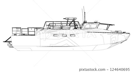Warship icon outline. Military ships and naval vessels. isolated vector images. Military ship outline vector. Military vehicle template vector isolated on white. 124640695