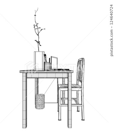 Empty Workplace wireframe, Desk Chair Computer Workspace Office No People. Office workplace flat design. Creative workplace modern open space empty nobody office interior contemporary. 3D 124640724