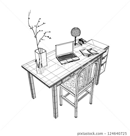Empty Workplace wireframe, Desk Chair Computer Workspace Office No People. Office workplace flat design. Creative workplace modern open space empty nobody office interior contemporary. 3D 124640725
