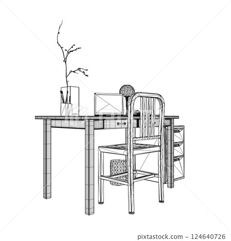 Empty Workplace wireframe, Desk Chair Computer Workspace Office No People. Office workplace flat design. Creative workplace modern open space empty nobody office interior contemporary. 3D 124640726