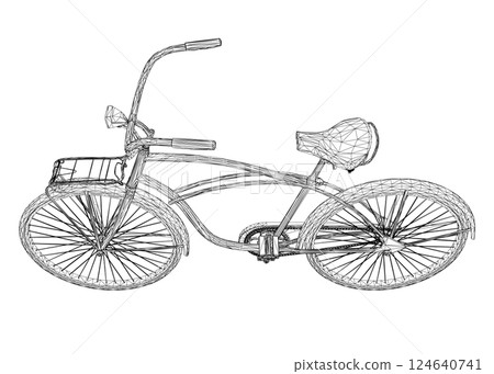 Wireframe vintage bicycle, vector. Black and white retro bicycle. 3D 124640741